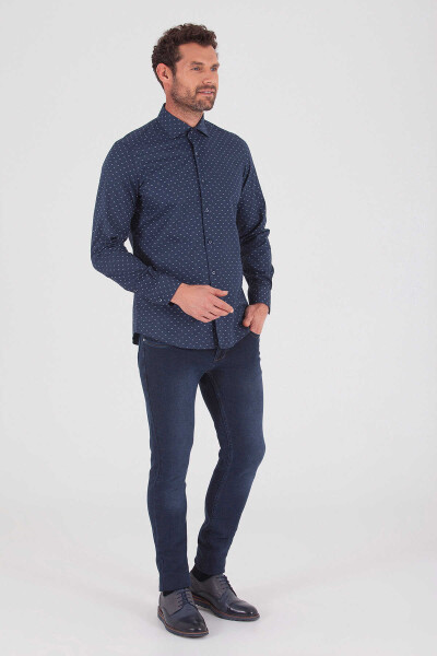 Lacivert Slim Fit Baskılı Pamuklu Uzun Kol Spor Gömlek - 2