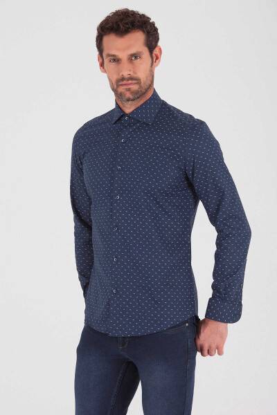Lacivert Slim Fit Baskılı Pamuklu Uzun Kol Spor Gömlek - 3