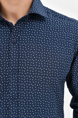 Lacivert Slim Fit Baskılı Pamuklu Uzun Kol Spor Gömlek - Thumbnail
