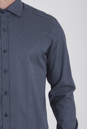 Lacivert Slim Fit Baskılı 100% Pamuk Uzun Kol Spor Gömlek - Thumbnail