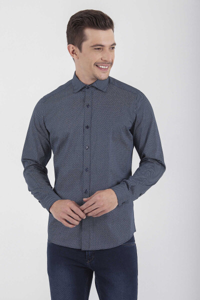 Lacivert Slim Fit Baskılı 100% Pamuk Uzun Kol Spor Gömlek - 5
