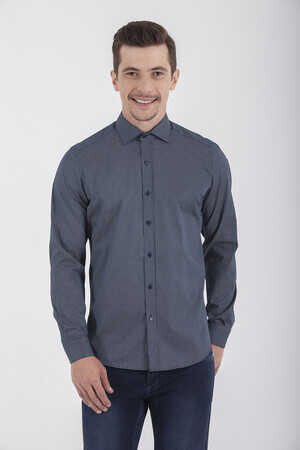 Lacivert Slim Fit Baskılı 100% Pamuk Uzun Kol Spor Gömlek - 11