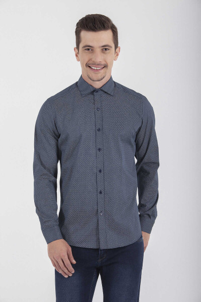 Lacivert Slim Fit Baskılı 100% Pamuk Uzun Kol Spor Gömlek - 2