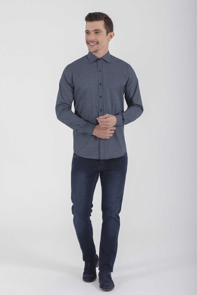 Lacivert Slim Fit Baskılı 100% Pamuk Uzun Kol Spor Gömlek - 4