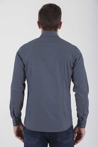 Lacivert Slim Fit Baskılı 100% Pamuk Uzun Kol Spor Gömlek - 10