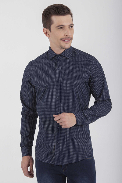 Lacivert Slim Fit Baskılı 100% Pamuk Uzun Kol Spor Gömlek - 3