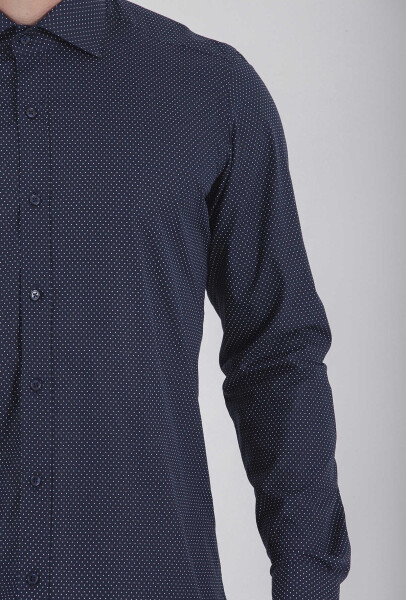 Lacivert Slim Fit Baskılı 100% Pamuk Uzun Kol Spor Gömlek - 4