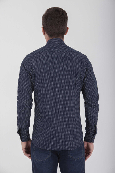 Lacivert Slim Fit Baskılı 100% Pamuk Uzun Kol Spor Gömlek - 5