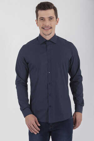 Lacivert Slim Fit Baskılı 100% Pamuk Uzun Kol Spor Gömlek - 6