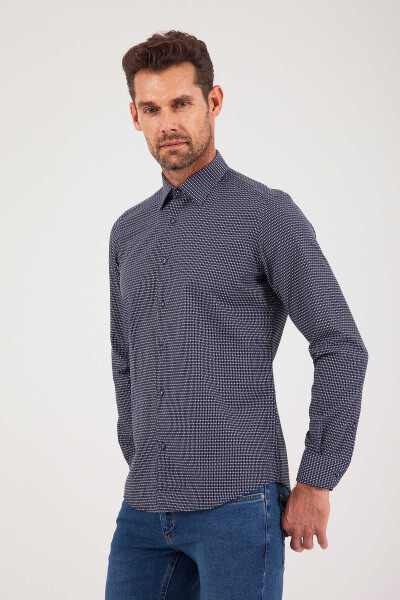 Desenli Slim Fit Lacivert Gömlek - 1