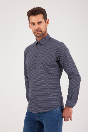 Desenli Slim Fit Lacivert Gömlek - 6