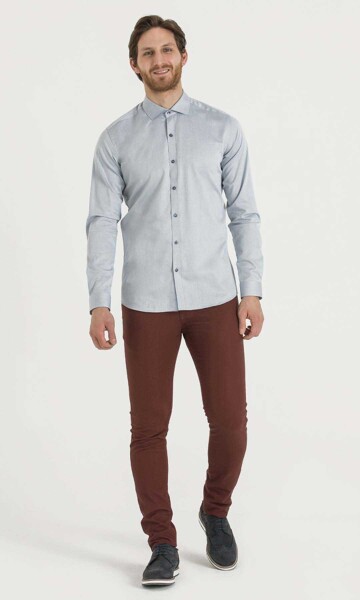 Desenli Slim Fit Mavi Gömlek - 2