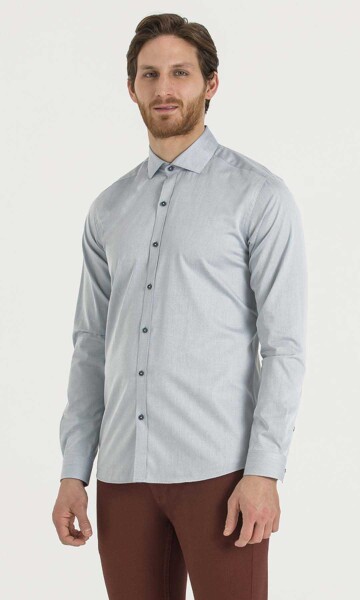 Desenli Slim Fit Mavi Gömlek - 3