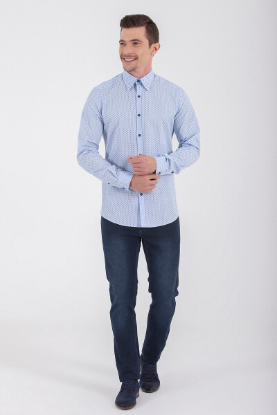 Desenli Slim Fit Mavi Gömlek - 3