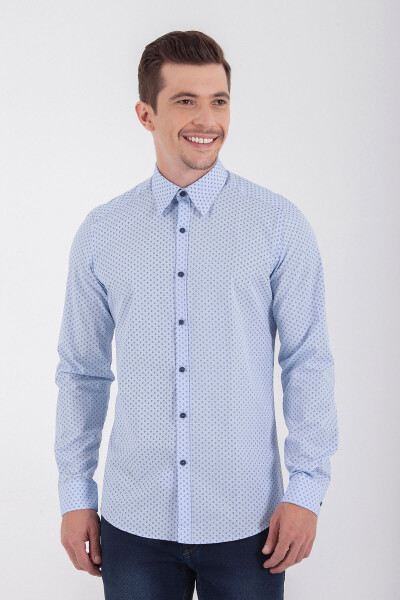Desenli Slim Fit Mavi Gömlek - 2