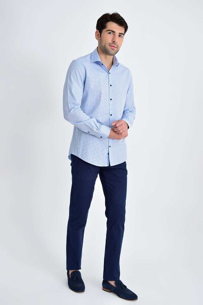 Desenli Slim Fit Mavi Gömlek - 2