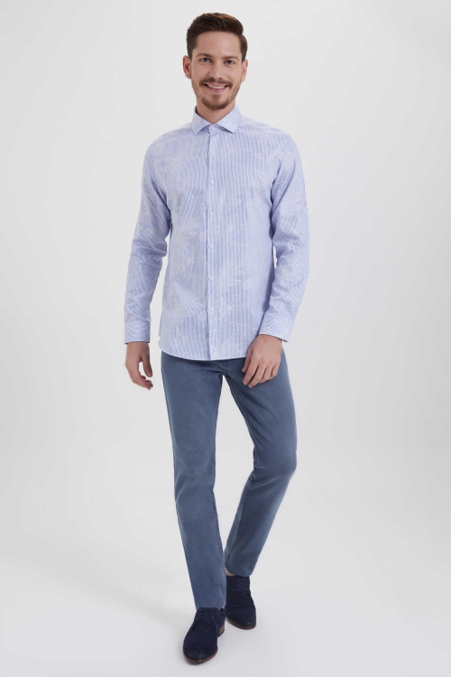 Mavi Slim Fit Desenli 100% Pamuk Uzun Kol Klasik Gömlek - Thumbnail (1)