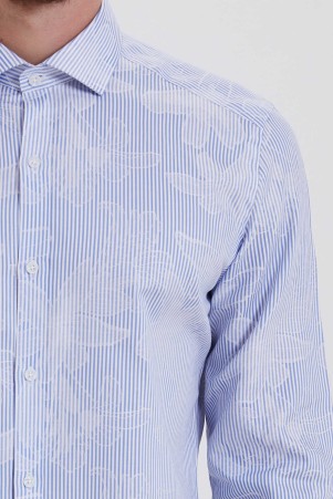 Mavi Slim Fit Desenli 100% Pamuk Uzun Kol Klasik Gömlek - Thumbnail
