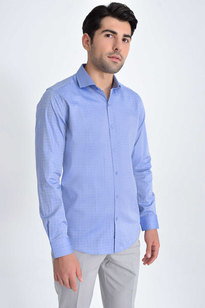Desenli Slim Fit Mavi Gömlek - 1