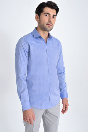 Desenli Slim Fit Mavi Gömlek - 5