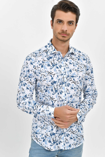 Mavi Slim Fit Baskılı 100% Pamuk Uzun Kol Spor Gömlek 