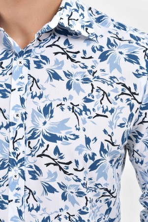 Mavi Slim Fit Baskılı 100% Pamuk Uzun Kol Spor Gömlek - Thumbnail
