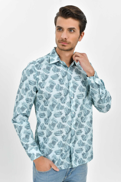 Mavi Slim Fit Baskılı 100% Pamuk Uzun Kol Spor Gömlek 
