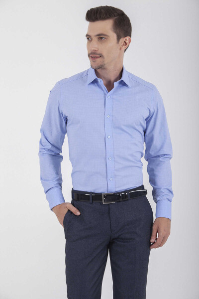 Mavi Slim Fit Desenli 100% Pamuk Uzun Kol Manşetli Gömlek 