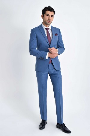Mavi Desenli Slim Fit Takım Elbise - Thumbnail