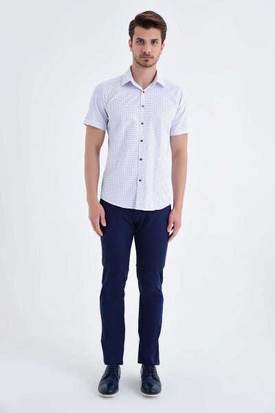 Kısa Kol Mor Desenli Slim Fit Gömlek - 2