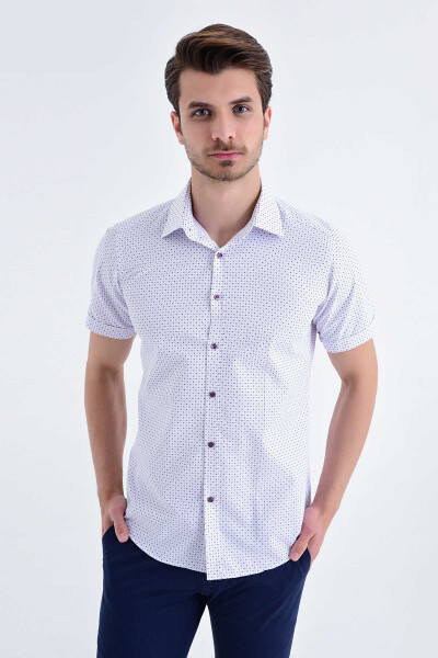 Kısa Kol Mor Desenli Slim Fit Gömlek - 1