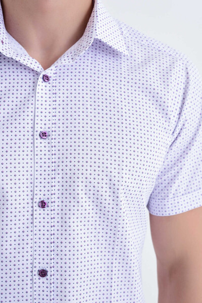 Kısa Kol Mor Desenli Slim Fit Gömlek - 4