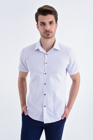 Kısa Kol Mor Desenli Slim Fit Gömlek - 5