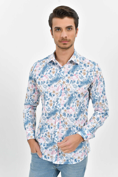 Pembe Slim Fit Baskılı 100% Pamuk Uzun Kol Spor Gömlek 