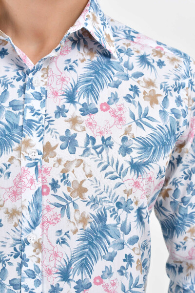 Pembe Slim Fit Baskılı 100% Pamuk Uzun Kol Spor Gömlek - 5