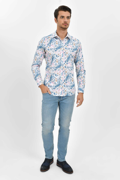 Pembe Slim Fit Baskılı 100% Pamuk Uzun Kol Spor Gömlek - 8