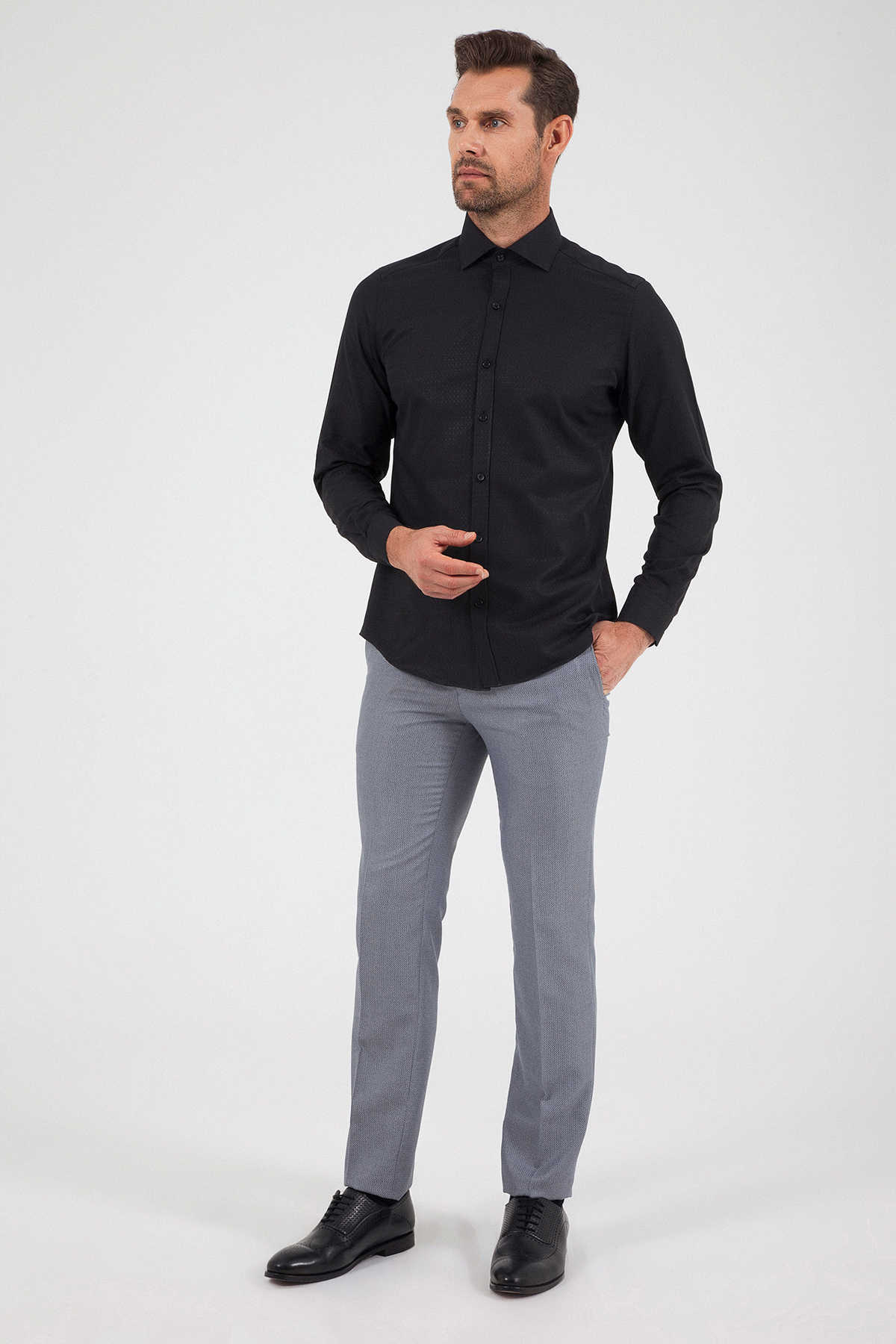 Siyah Slim Fit Desenli Gömlek - 2