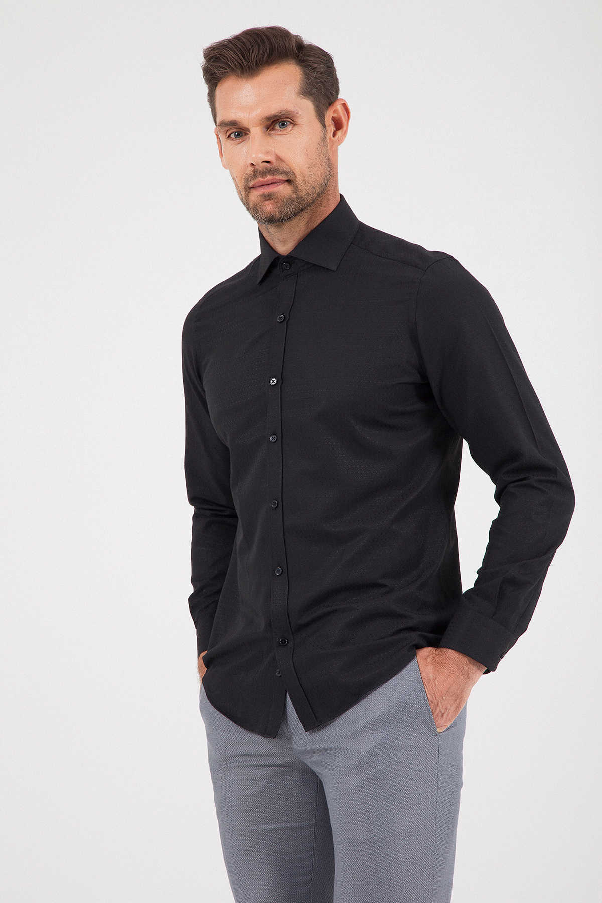 Siyah Slim Fit Desenli Gömlek - 3