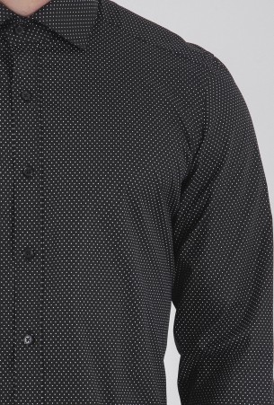 Siyah Slim Fit Baskılı 100% Pamuk Uzun Kol Spor Gömlek - Thumbnail