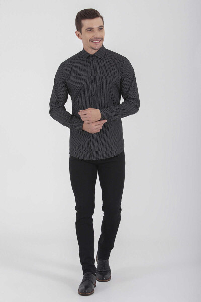 Siyah Slim Fit Baskılı 100% Pamuk Uzun Kol Spor Gömlek - 2