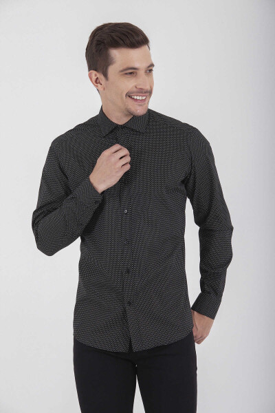 Siyah Slim Fit Baskılı 100% Pamuk Uzun Kol Spor Gömlek - 3