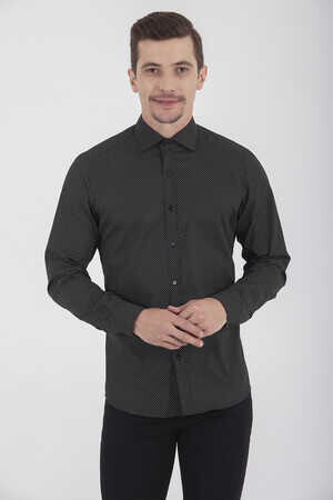 Siyah Slim Fit Baskılı 100% Pamuk Uzun Kol Spor Gömlek - 6