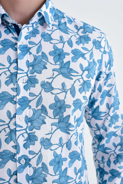 Desenli Slim Fit Turkuaz Gömlek - 5