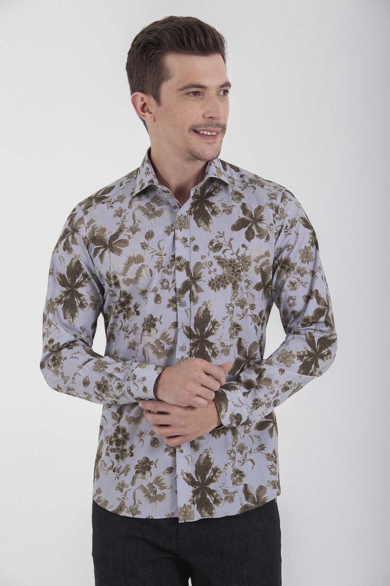 Yeşil Slim Fit Baskılı 100% Pamuk Uzun Kol Spor Gömlek - Hatemoğlu (1)