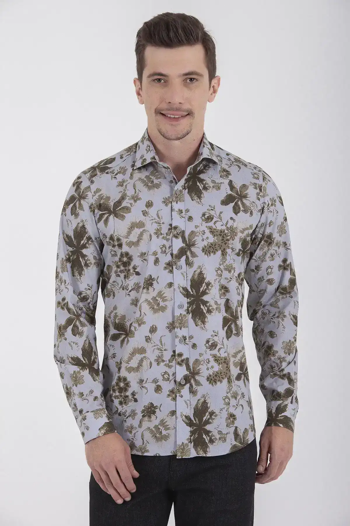 Yeşil Slim Fit Baskılı 100% Pamuk Uzun Kol Spor Gömlek - 1