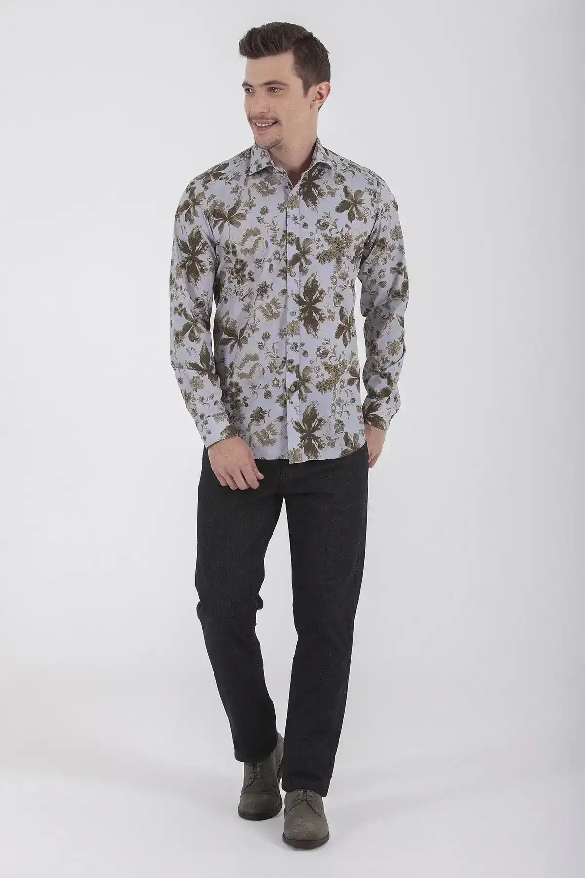 Yeşil Slim Fit Baskılı 100% Pamuk Uzun Kol Spor Gömlek - 2