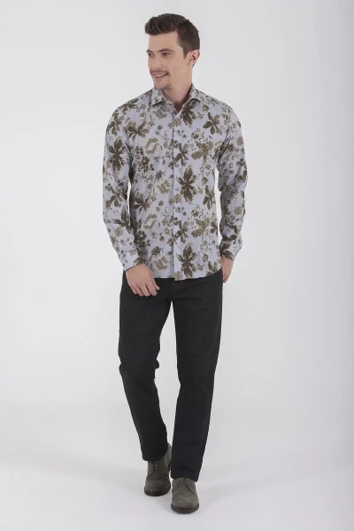 Yeşil Slim Fit Baskılı 100% Pamuk Uzun Kol Spor Gömlek - 2