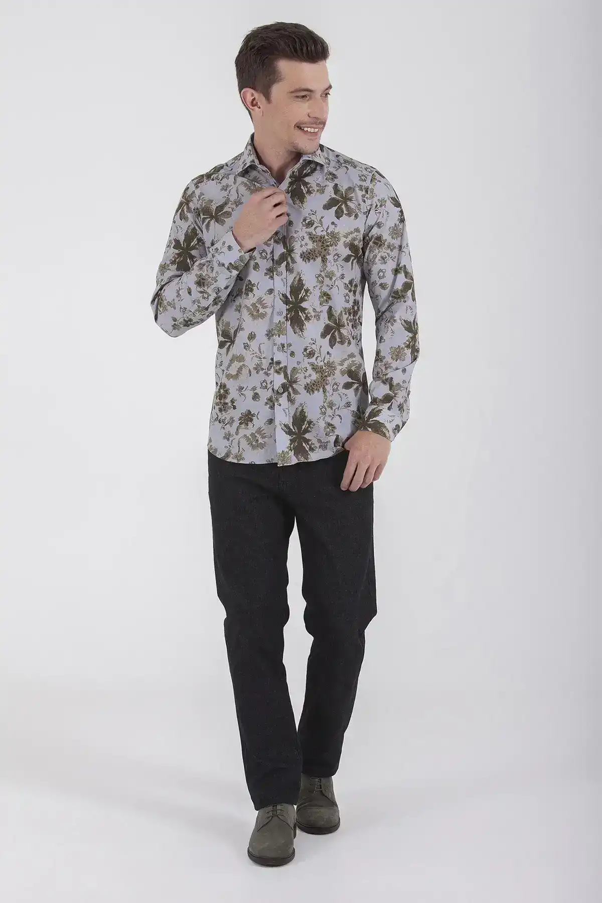 Yeşil Slim Fit Baskılı 100% Pamuk Uzun Kol Spor Gömlek - 4