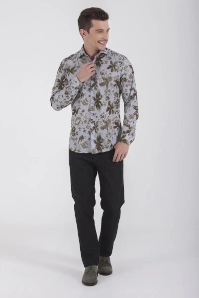 Yeşil Slim Fit Baskılı 100% Pamuk Uzun Kol Spor Gömlek - 4