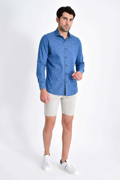 Desenli Slim Fit Lacivert Gömlek - 2